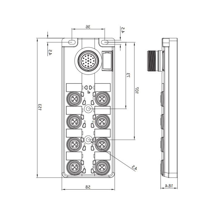 M12 junction box, single channel, NPN, 8-port split, LED, M23 integrated interface base, 24N8CT